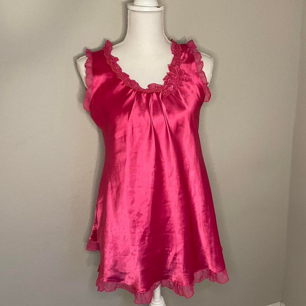 hot Pink satin babydoll top lace trim fits small